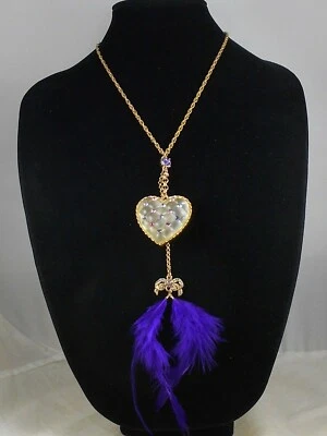 Betsey Johnson Gold TZARINA PRINCESS Quilted Heart Purple Feather Y Necklace  - Image 1 of 2