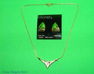 MONET CLIP-ON EARRINGS & FASHION NECKLACE ~ Gold & White/Vintage Costume Jewelry - Picture 1 of 2