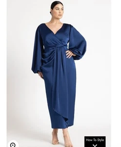 NWT ELOQUII Blue Satin Puff Sleeve Pleated Dress Sz 14 $170 - Picture 1 of 10
