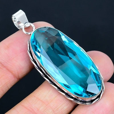 Кулон ручной работы из серебра 925 пробы с голубым топазом Swiss 2,21 дюйма - Изображение 1 из 3