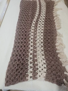 VTG Hand Crochet brown and tan afghan Throw w Fringe 41"x74" - Picture 1 of 3