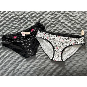 Victoria's Secret Höschen 2er Set Medium schwarz Schleife niedriger Bund VS-Schriftzug - Bild 1 von 8