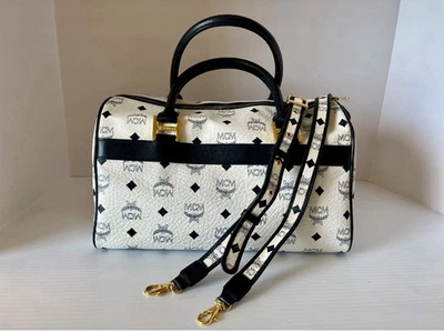 Vintage Authentic MCM Visetos "Patricia" White Black Leather Crossbody Bag - Image 1 of 4