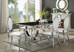 Modern 7pc Dining Set Table Chair Stainless Steel Glass Chrome Antoine 107871-S7 - Picture 1 of 5