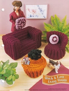 Fashion Doll Crochet Pattern QUICK & EASY LIVING ROOM Sofa Chair Table Pillows - Picture 1 of 4