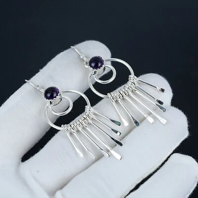 Elegante Ametista Fatto a Mano 925 Orecchini Argento Sterling Per Anniversario - Immagine 1 di 4