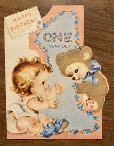Tarjeta de feliz cumpleaños vintage de los años 40 1 año bebé niño alcanzando oso de peluche P2D - Imagen 1 de 20