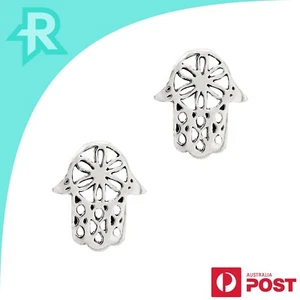 Hamsa Hand of Fatima Sterling Silver 925 Stud Earrings - Picture 1 of 6