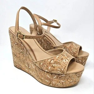 Aldo Unidda Wedge Sandals Tan Leather Ankle Straps Womens Size 8.5 *Small Flaw* - Picture 1 of 11