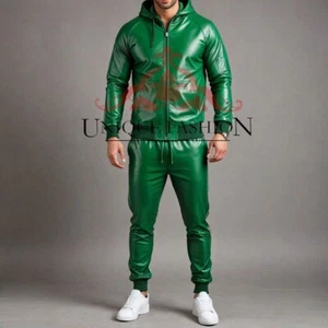 Herren echt weiches Leder Jogging Walking Trainingsanzug Jacke Hose mit Hoodie - Bild 1 von 2