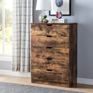 5 Drawer Bedroom Chest Dresser,Distressed Wood Cabinet - Picture 1 of 5