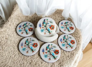 4" White Marble Multi Stone Coaster Set Inlay Parrot Art Coaster Wedding Gift De - Picture 1 of 8