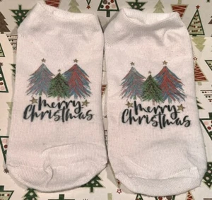 Merry Christmas Trees Teens Womens White Ankle Socks Stocking Stuffer Cute Gift - Picture 1 of 8