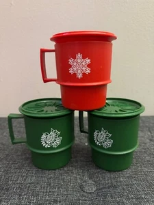 TUPPERWARE Stackable Vintage Christmas Mugs & Lids/Coasters Red & Green Set of 3 - Picture 1 of 4