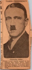 1934 Hitler übernimmt Präsidentschaft Zeitungsklammer 5" x 2" authentische Geschichte des Zweiten Weltkriegs SELTEN - Bild 1 von 1