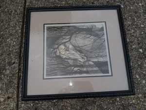 Vintage Litho Trees Black & White Horse P. Hi Buckley Moss Halloween Spooky - Picture 1 of 5