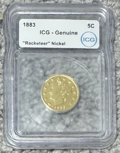 RARE 1883 Liberty V "Racketeer" Nickel Type 1 No Cents ICG Genuine Gold Plated - Picture 1 of 2