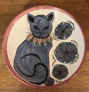Large Art Studio Pottery Cat Platter~Hand Painted~Signed - Picture 1 of 8