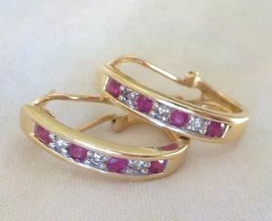 Solid 14k Yellow Gold Hoop Ruby Diamond Earrings - 5.70 gms, 0.90 in, 0.56 ctw - Picture 1 of 11
