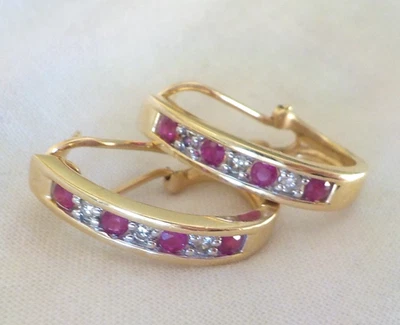 Solid 14k Yellow Gold Hoop Ruby Diamond Earrings - 5.70 gms, 0.90 in, 0.56 ctw - Image 1 of 4