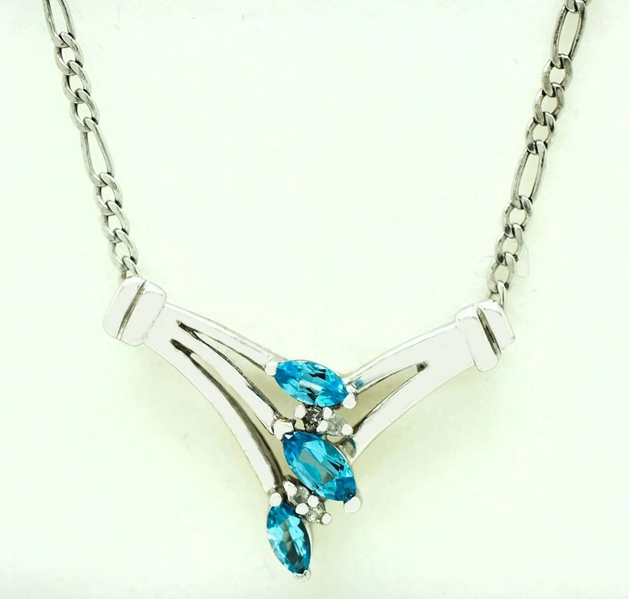 GENUINE 0.42 Cts BLUE TOPAZ & DIAMOND NECKLACE 10k WHITE GOLD * Free Shipping  - Image 1 of 3