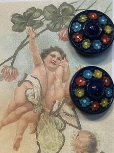 Set of 2  Large Vintage Navy  15/16” painted flower  Ring Glass Buttons~ NOS - Picture 1 of 1