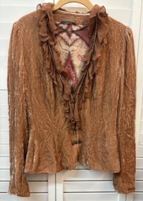 Chaqueta Blazer Elie Tahari Marrón Terciopelo Aplastado con Volantes con Forro Estampado Talla S Foto 1 de 3