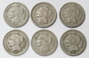 (6) 1865 -1870 CONSECUTIVE USA 3 CENT NICKEL 3c CIRCULATED COIN LOT - Picture 1 of 2