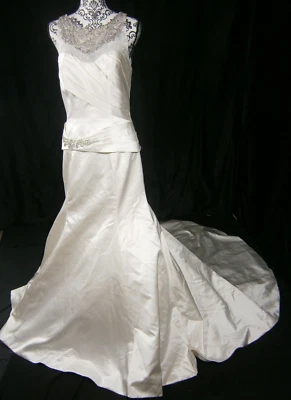 Cristiano Lucci Wedding Dress 6-10 Satin Illusion Crystals Fit & Flare Ruching - Image 1 of 4