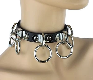 Five Ring Bondage Choker Genuine Leather Punk Gothic Fetish Dark Cyber Goth - Picture 1 of 2