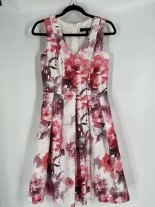 CARMEN MARC VALVO pleated pink floral dress sz 4 fit/flare pockets lined v neck - Picture 1 of 10