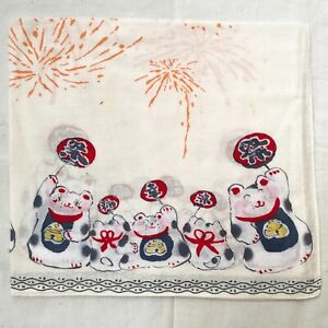 Vintage Handkerchief Japan Fabric Woven Cats Daruma Watch Fireworks Pattern 22"