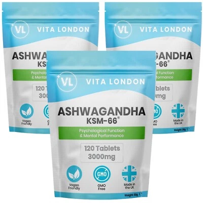 VITA LONDON Ashwagandha KSM-66 Organic Root 3000mg Tablets Capsules Anxiety Stress Sleep UK
