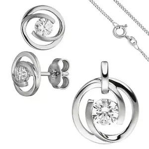 Set Joyería De 333 Oro Blanco 3 Pendientes de Circonita Colgante Y Cadena 42cm - Imagen 1 de 5