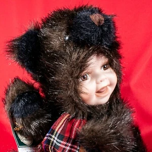Brown Bear Fur Doll Porcelain Human Face Vintage Plush Baby Doll 9.5"L - Picture 1 of 11