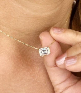 Emerald Cut Moissanite Pendant And Chain Bezel Set 14k Solid Yellow Gold 2.00ct - Picture 1 of 11