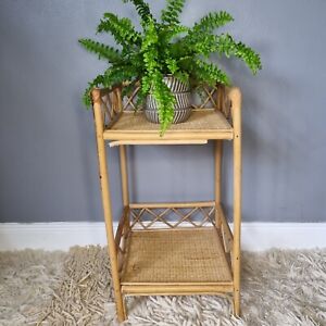 Vintage 70's Bamboo Rattan 2 Tier Shelf Small Plant Stand Display Bathroom Boho