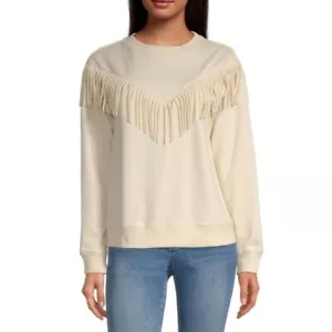 a.n.a Womens’ Long Sleeve Fringed Sweatshirt in Birch Size L NEW WITH TAGS - Picture 1 of 4