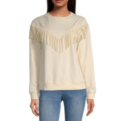 a.n.a Womens’ Long Sleeve Fringed Sweatshirt in Birch Size L NEW WITH TAGS - Imagem 1 de 4