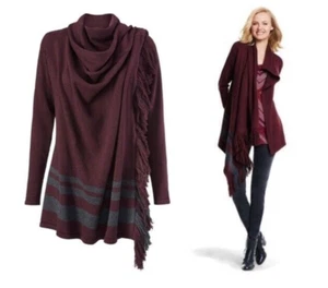 Cabi 3002 Sweater Wrap Cardigan Fringe Draped Wine Maroon Gray Size XS - Picture 1 of 11