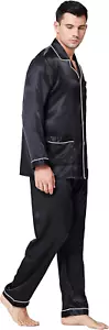 Pajamas Set Mens Silk Satin Pajamas Long Sleeve Loungewear Two-Piece Sleepwear B - Picture 1 of 12