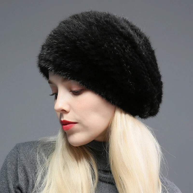 Women's Real Mink Fur Hat Beret Winter Warm Beanie Cap Headwear Brown Wine Black - Image 1 of 4