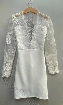 Mujer Blanco Mini Vestido Manga Larga Encaje Bordado Espalda Abierta Profundo Cuello en V Foto 1 de 4