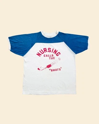 True Vintage 70’s Nursing Calls The Shots Tshirt Blue White Size Large - Image 1 of 4