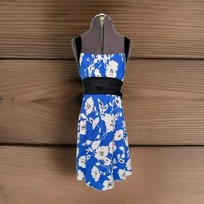 Vestido de sol floral azul y blanco B Smart línea A mezcla de algodón para mujer talla 14 Foto 1 de 4