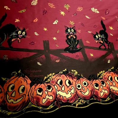 Vintage Halloween Cat Cotton Fabric 58" by the yard Pumpkin Border Print - Image 1 of 4