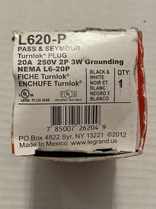 Pass & Seymour L620-P Twist Turn Locking 20A Connector Plug L6-20P Turnlok 250V - Picture 1 of 2
