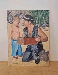 OIL PAINTING MAN AND BOY ON BEACH 24 X 18" - Picture 1 of 20