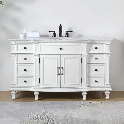 60" Single Sink Cabinet Carrara White Marble Stone Top White Bathroom Vanity - Image 1 of 4