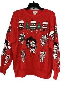 Vintage Damen datiert 1990 B.J Frosch rot AOP Kätzchen Katze Weihnachten Sweatshirt Größe L - Bild 1 von 17
